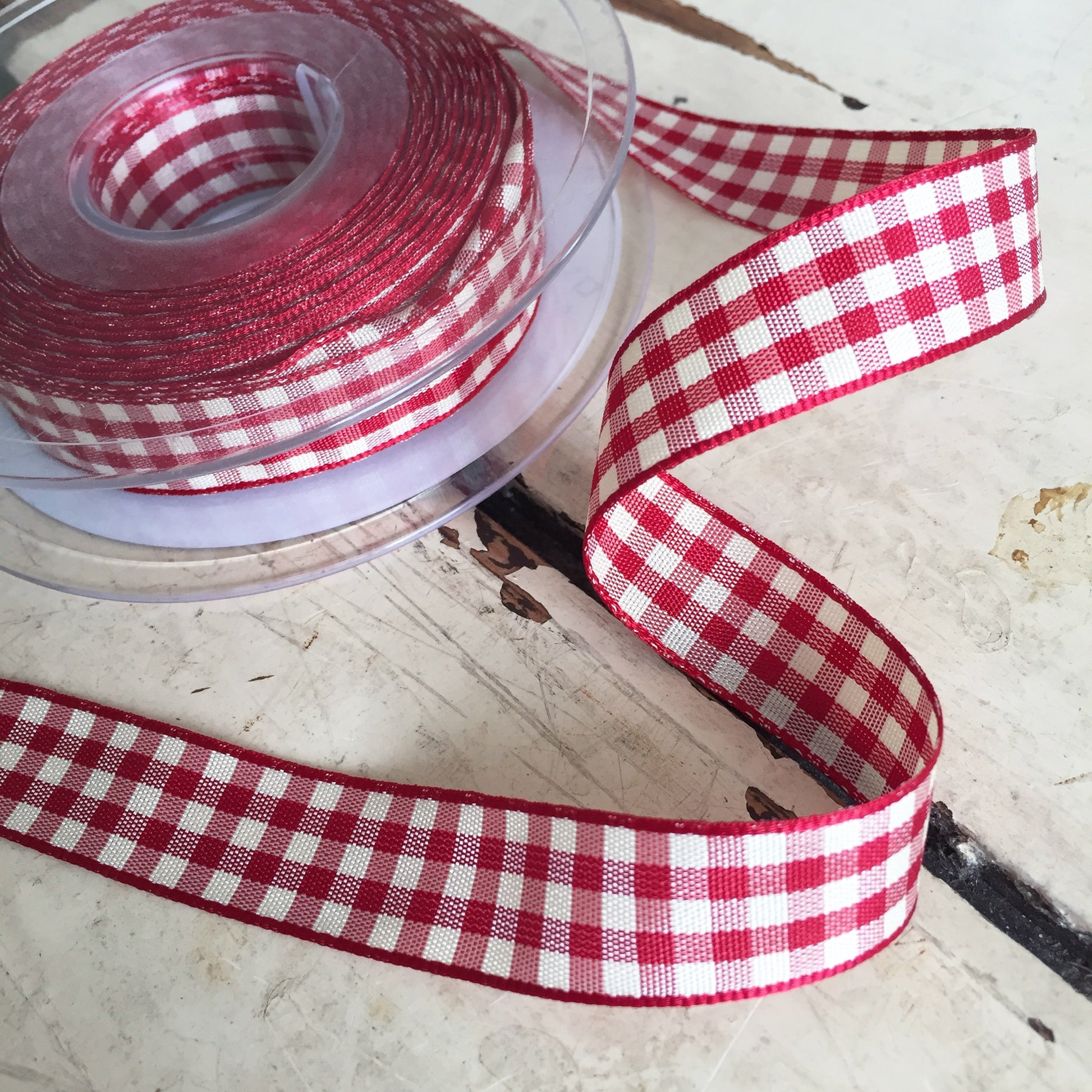 15mm Red & Cream Rustic Gingham Check Polyester Ribbon - SweetpeaStore