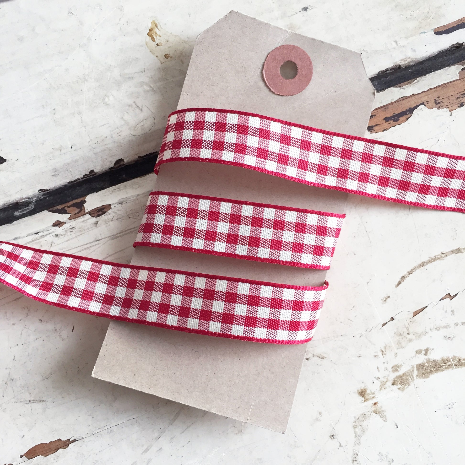 15mm Red & Cream Rustic Gingham Check Polyester Ribbon - SweetpeaStore