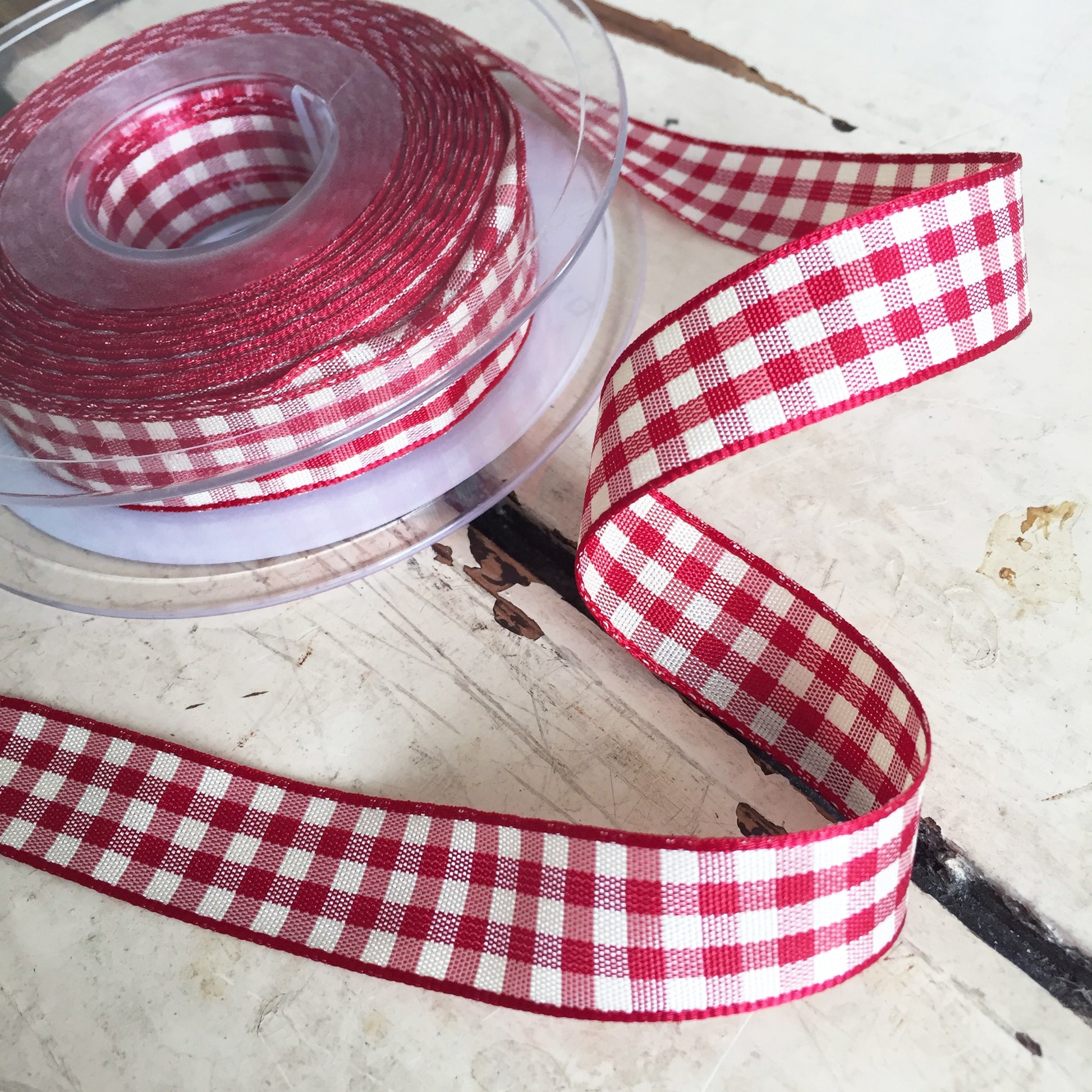15mm Red & Cream Rustic Gingham Check Polyester Ribbon - SweetpeaStore