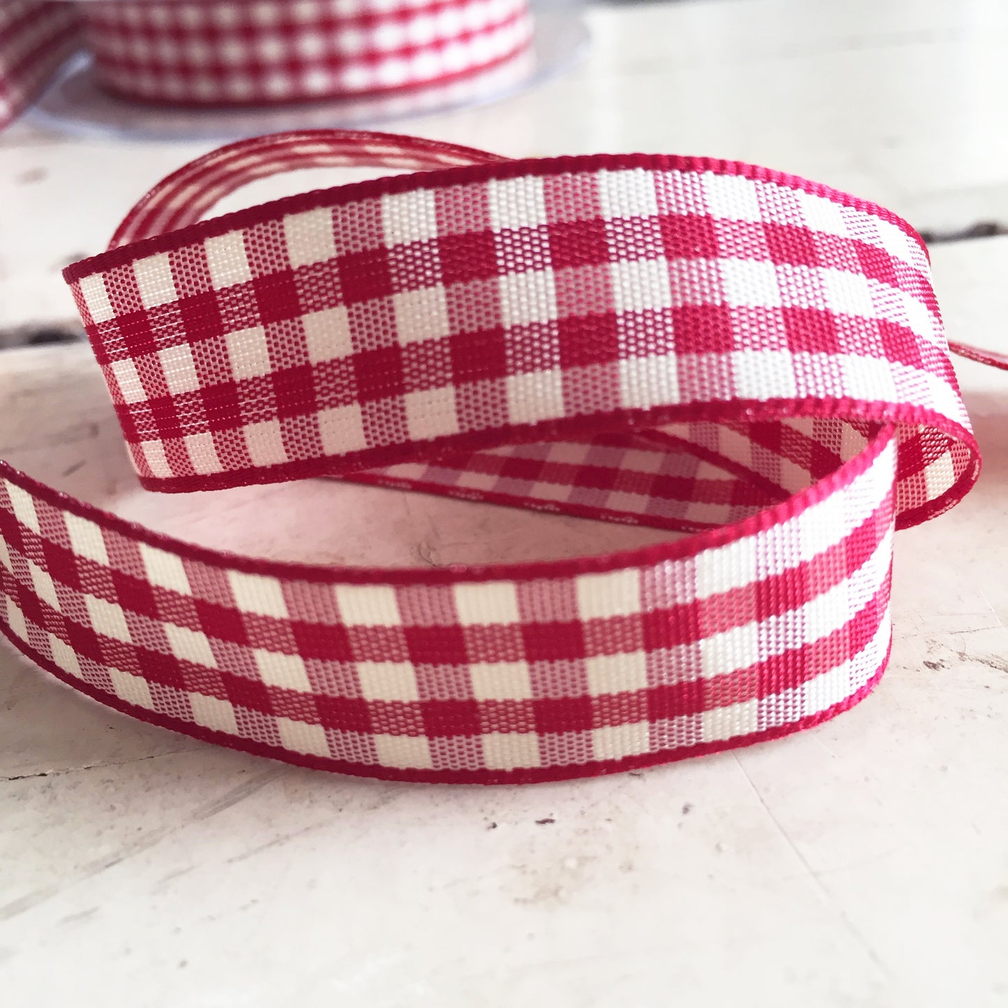 15mm Red & Cream Rustic Gingham Check Polyester Ribbon - SweetpeaStore