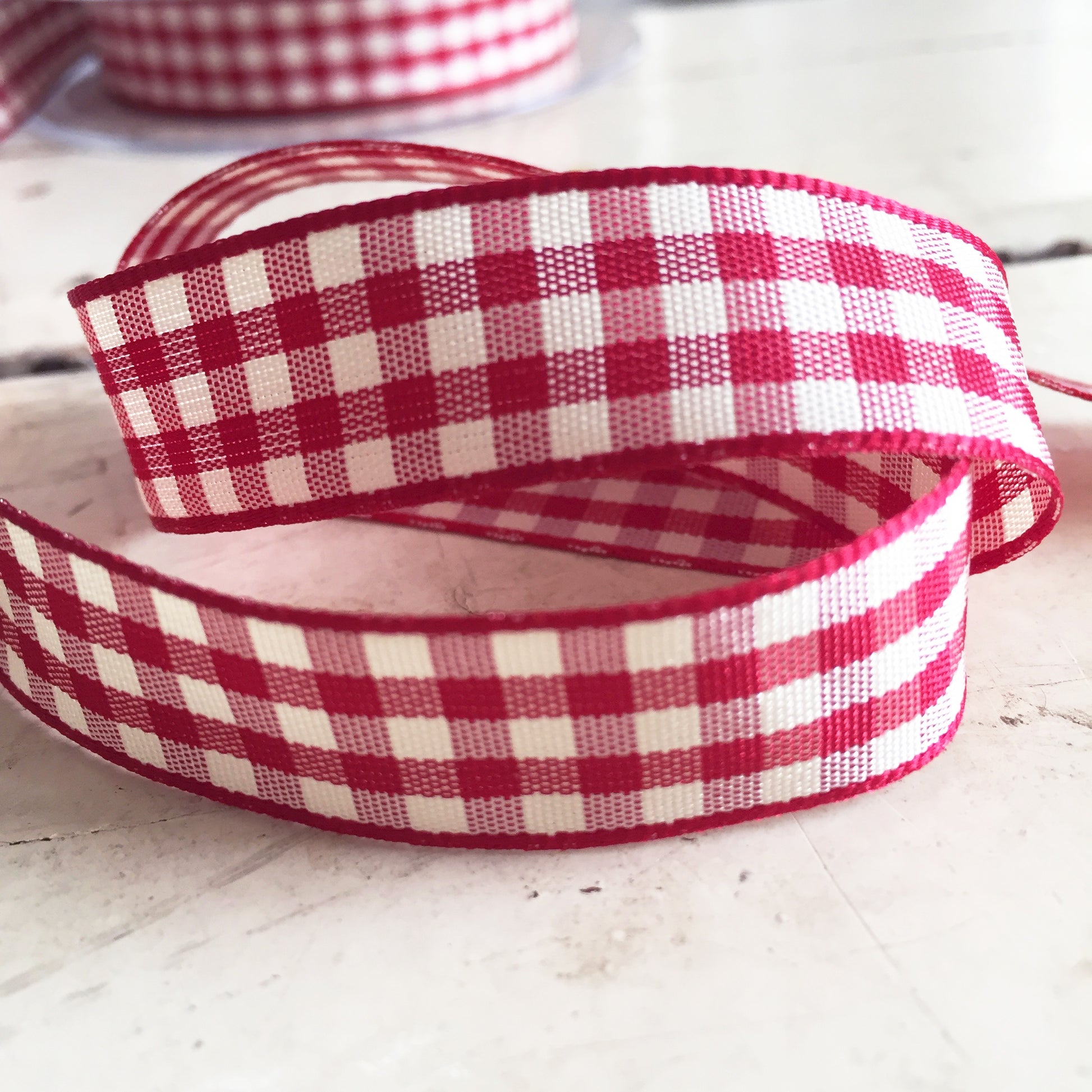 15mm Red & Cream Rustic Gingham Check Polyester Ribbon - SweetpeaStore