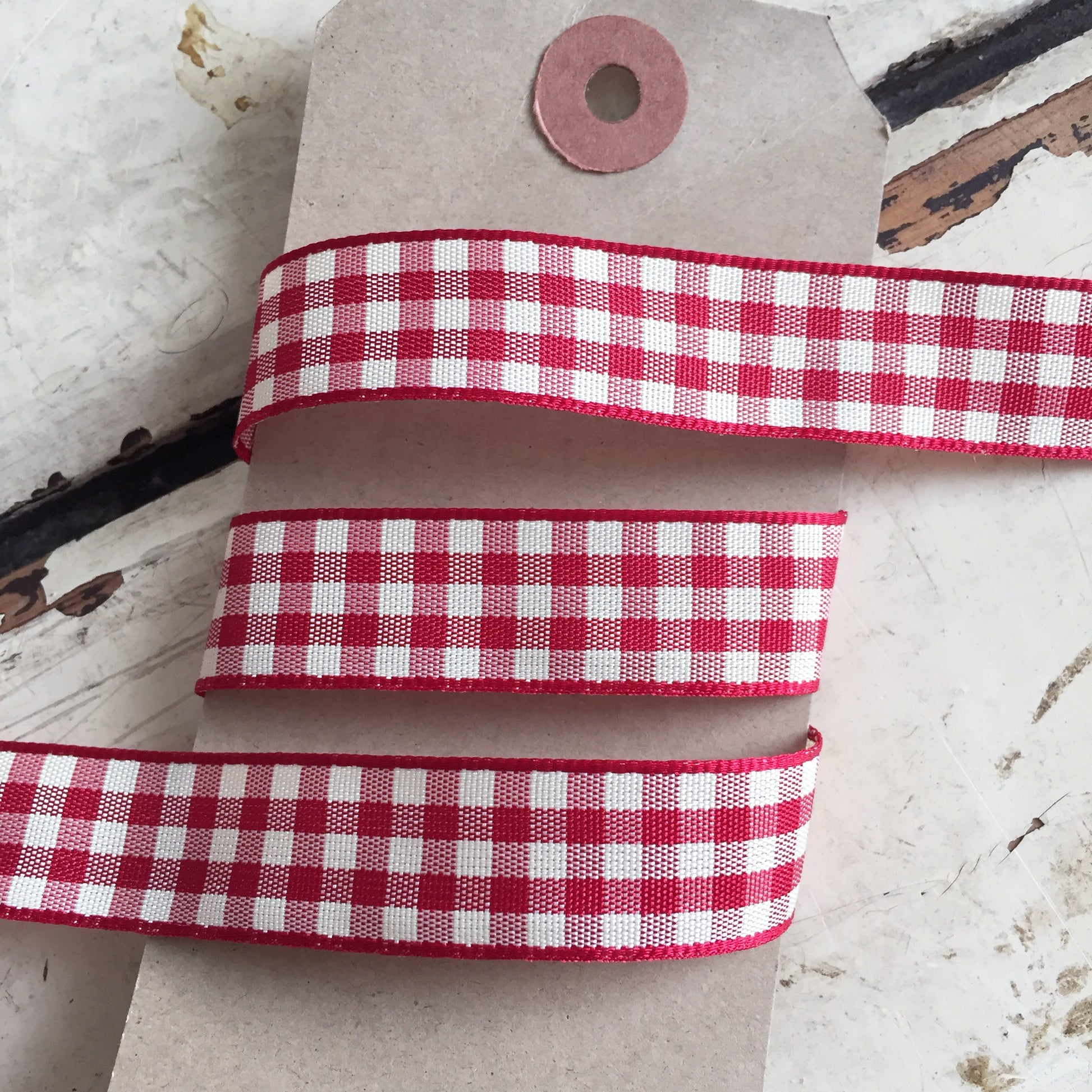 15mm Red & Cream Rustic Gingham Check Polyester Ribbon - SweetpeaStore