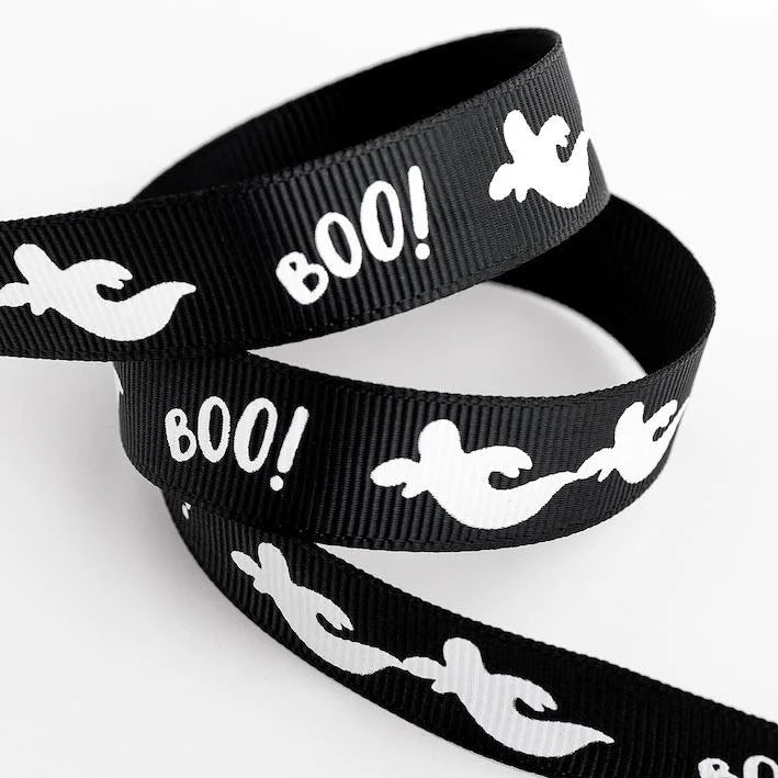16mm x 5m Ghost Boo! Halloween Black Grosgrain Ribbon - SweetpeaStore