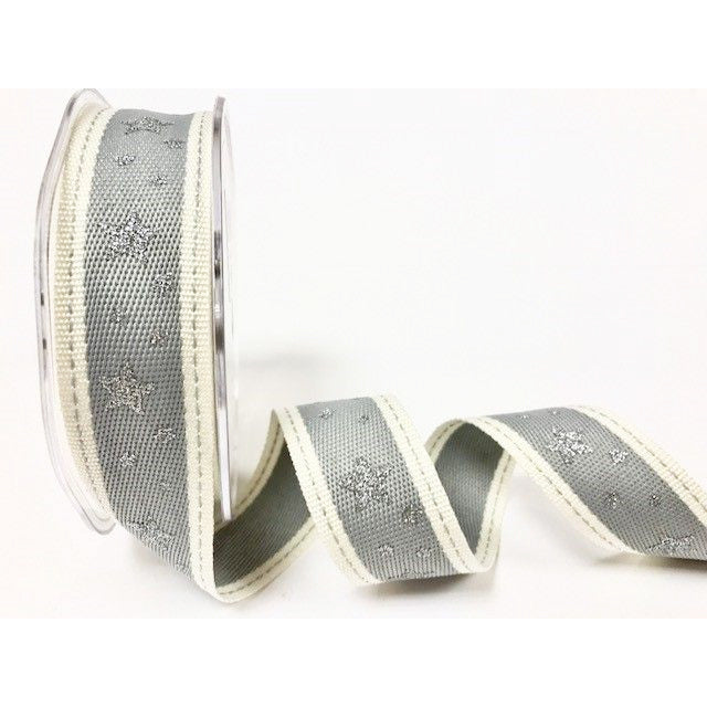 25mm Grey & White Stitched Edge Silver Star Print Christmas Ribbon - SweetpeaStore