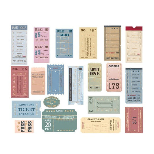 40 Vintage Travel Cinema Ticket Sticker Set | Gold Foiled | Scrapbooking Junk Journalling - SweetpeaStore