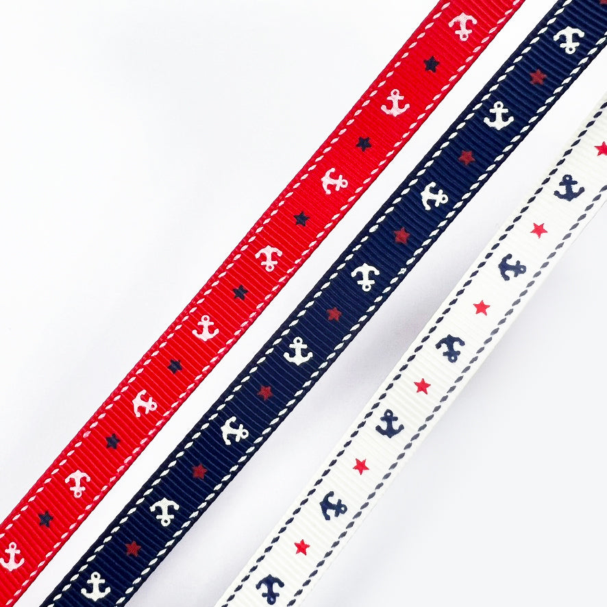 Anchor & Star Grosgrain Ribbon | 9mm Navy Red Cream | Nautical Seaside Theme Wrap Sewing Craft - SweetpeaStore