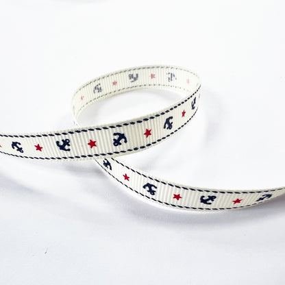 Anchor & Star Grosgrain Ribbon | 9mm Navy Red Cream | Nautical Seaside Theme Wrap Sewing Craft - SweetpeaStore