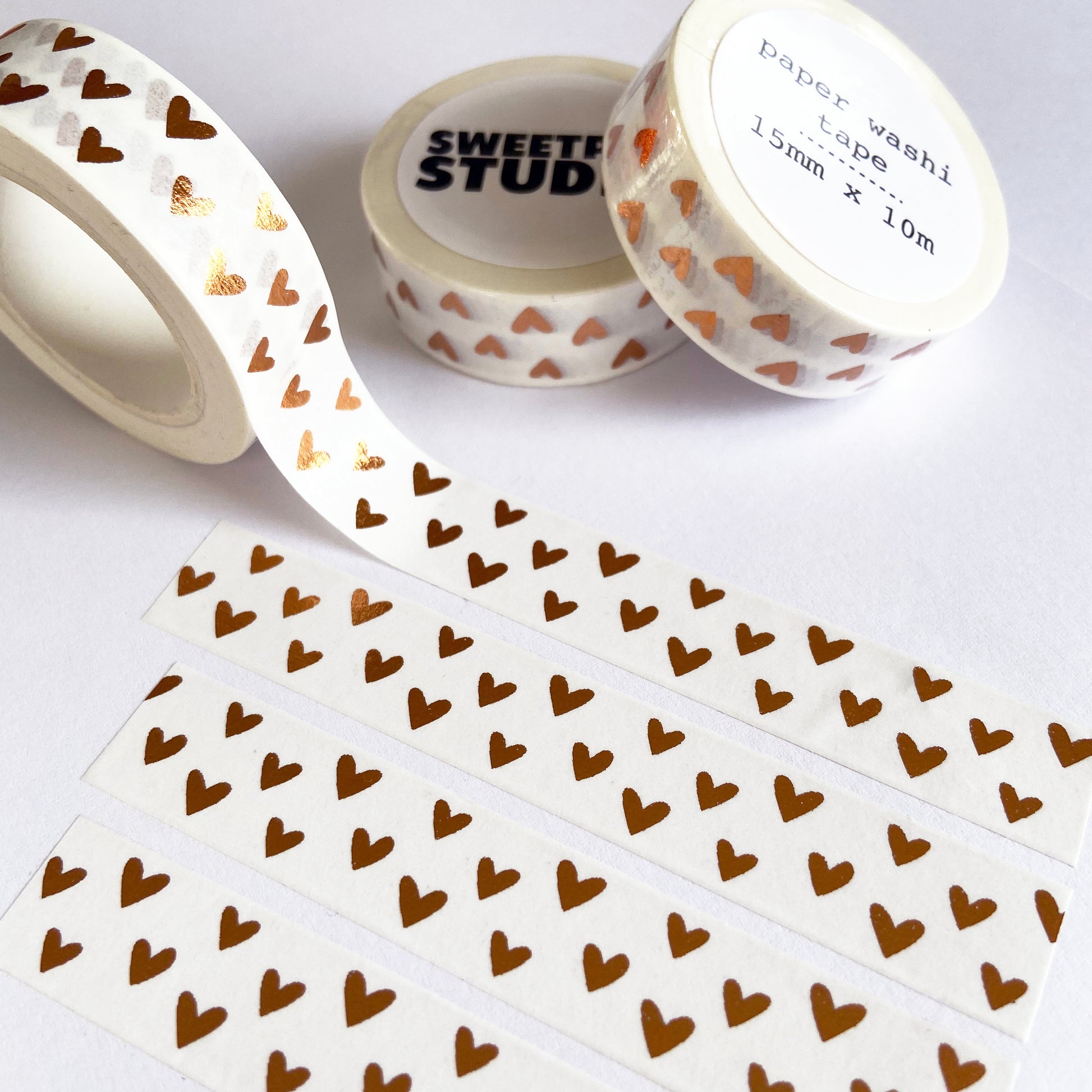 Rose Gold Foil Heart White Paper Washi Tape - 15mm x 10m - SweetpeaStore