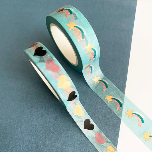 Blue Washi Tape | Set of 2 | Shooting Stars & Hearts with Rose Gold Foil Detail | 1.5cm x 10m and 1cm x 10m