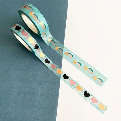 Blue Washi Tape | Set of 2 | Shooting Stars & Hearts with Rose Gold Foil Detail | 1.5cm x 10m and 1cm x 10m - SweetpeaStore