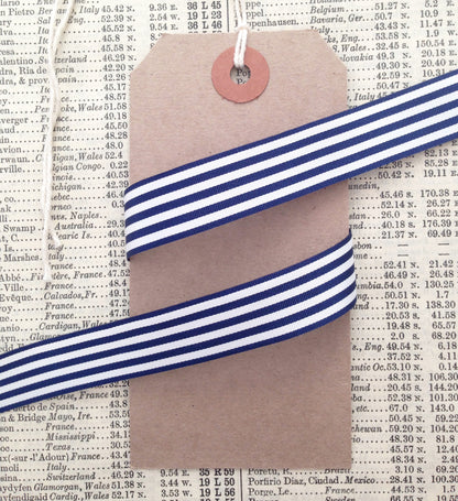 Navy Blue & White Stripe Ribbon 3 Widths 9mm 16mm 25mm Choose Length Full Roll - SweetpeaStore