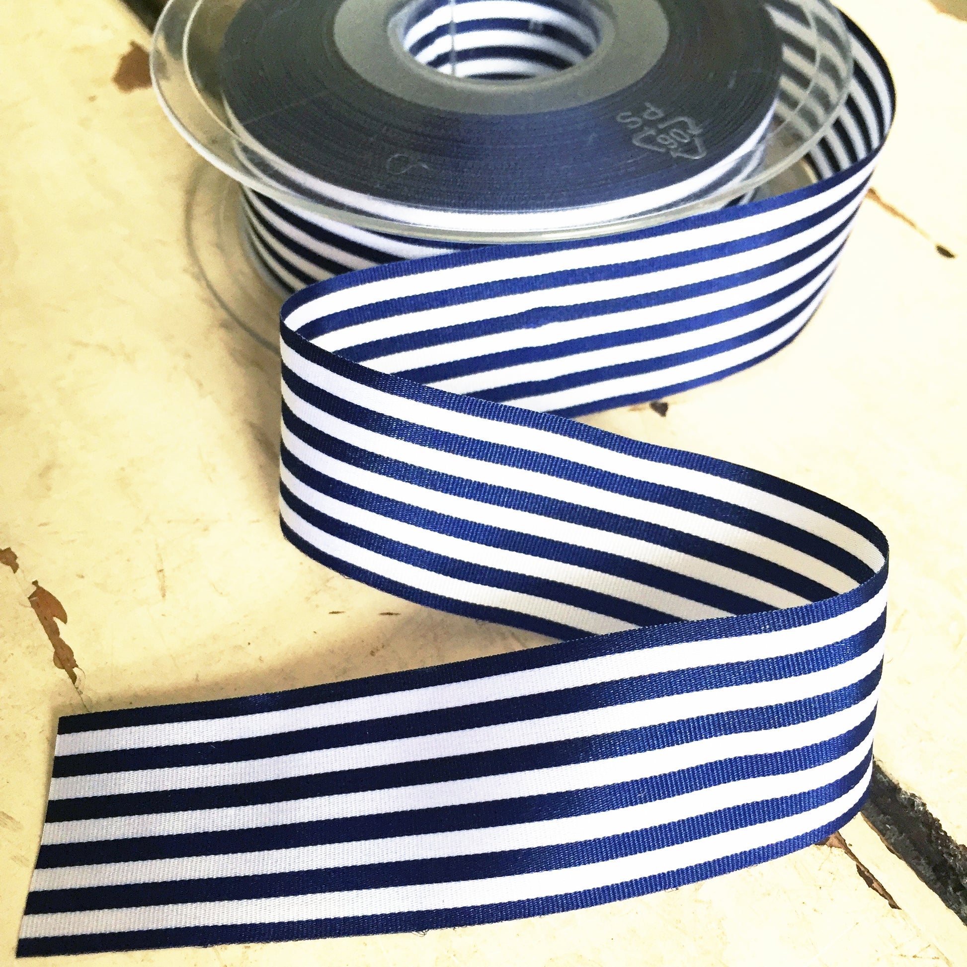 Navy Blue & White Stripe Ribbon 3 Widths 9mm 16mm 25mm Choose Length Full Roll - SweetpeaStore