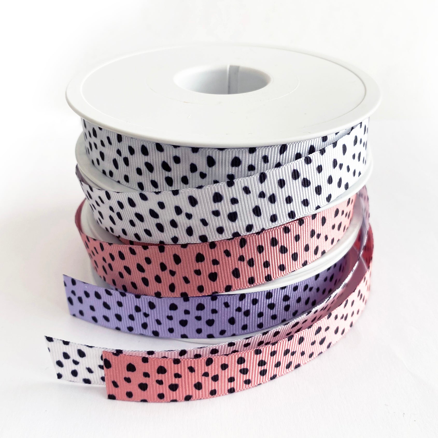 Dalmatian Print Grosgrain Ribbon Pink White Lilac & Black  16mm 1m or Full Roll - SweetpeaStore