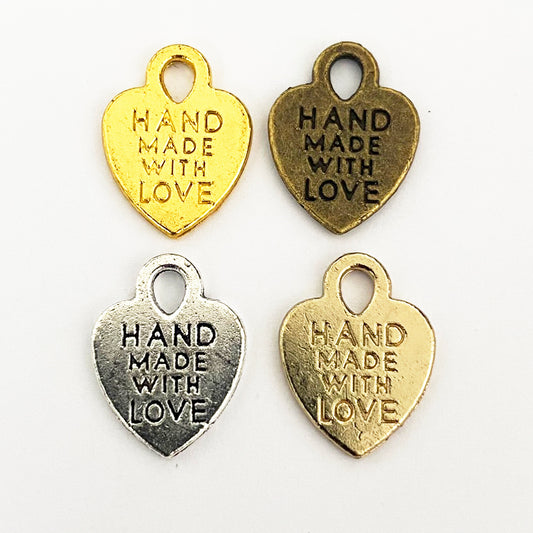 Metal Hand Made With Love Heart Charms - Rose Gold Silver Matt Bronze Gold