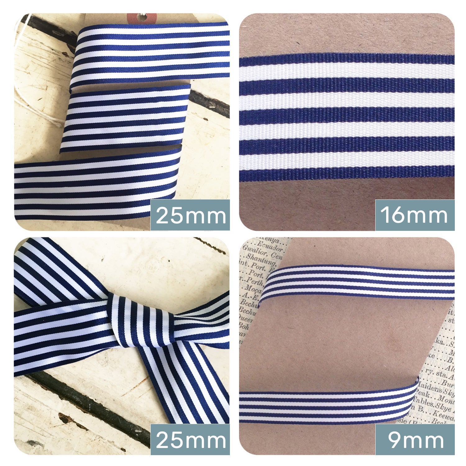 Navy Blue & White Stripe Ribbon 3 Widths 9mm 16mm 25mm Choose Length Full Roll - SweetpeaStore