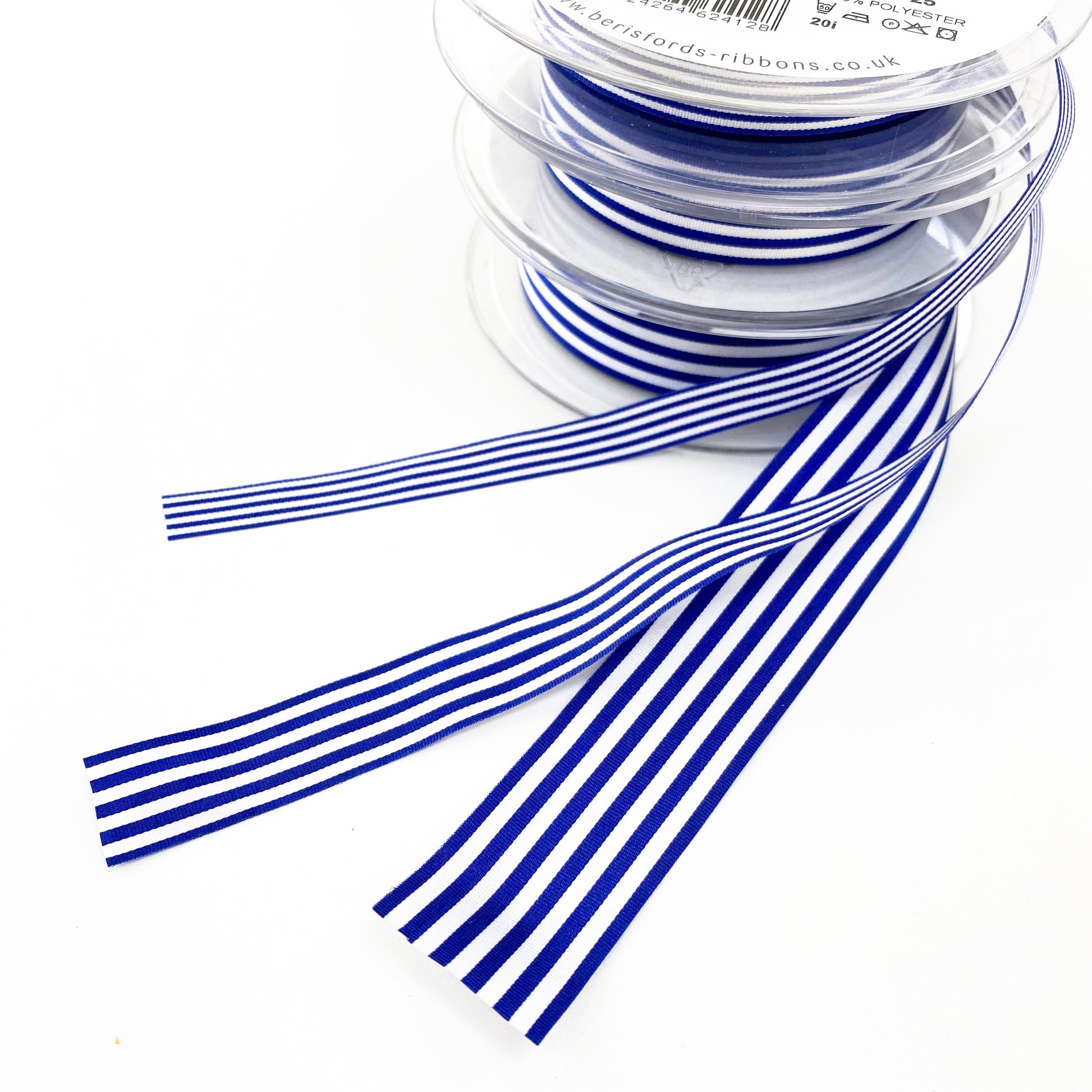 Royal Blue & White Stripe Ribbon | 3 Widths 9mm 16mm 25mm | 1m or Full Roll - SweetpeaStore