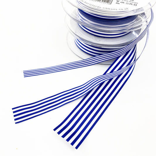 Royal Blue & White Stripe Ribbon | 3 Widths 9mm 16mm 25mm | 1m or Full Roll - SweetpeaStore