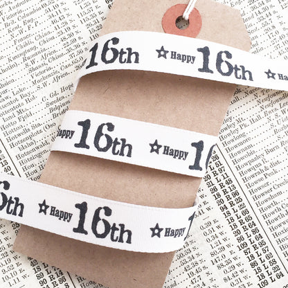 Birthday Ribbon | Age Anniversary Cream Grey 15mm 1m or Full Roll Wrapping Craft - SweetpeaStore