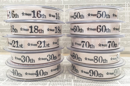 Birthday Ribbon | Age Anniversary Cream Grey 15mm 1m or Full Roll Wrapping Craft