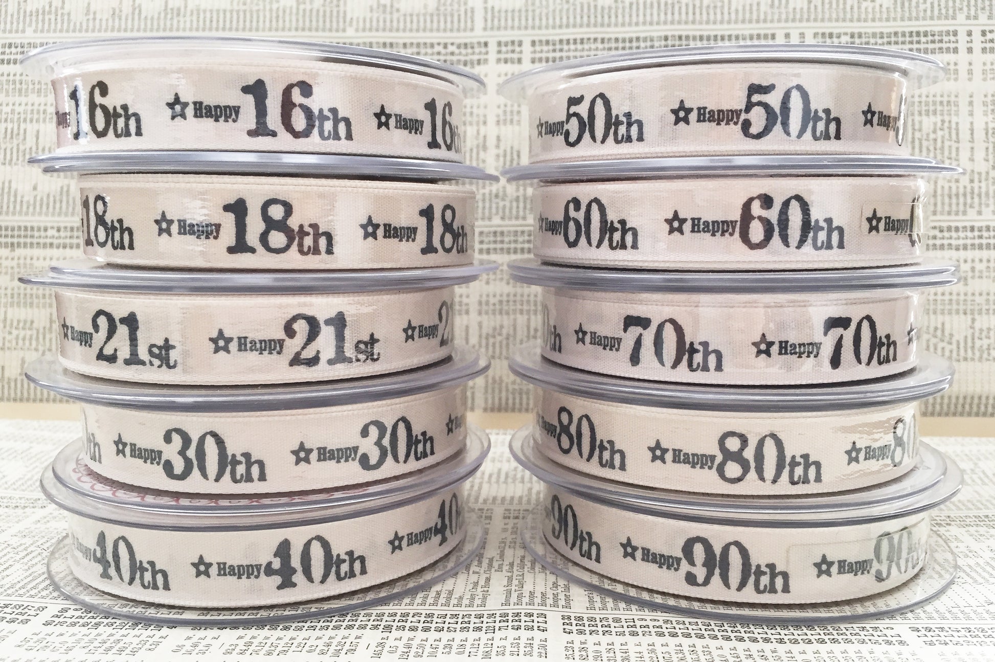 Birthday Ribbon | Age Anniversary Cream Grey 15mm 1m or Full Roll Wrapping Craft - SweetpeaStore