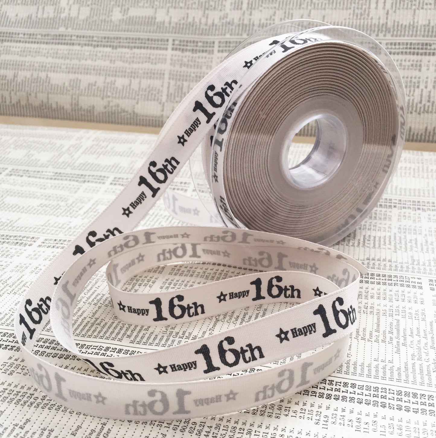 Birthday Ribbon | Age Anniversary Cream Grey 15mm 1m or Full Roll Wrapping Craft - SweetpeaStore