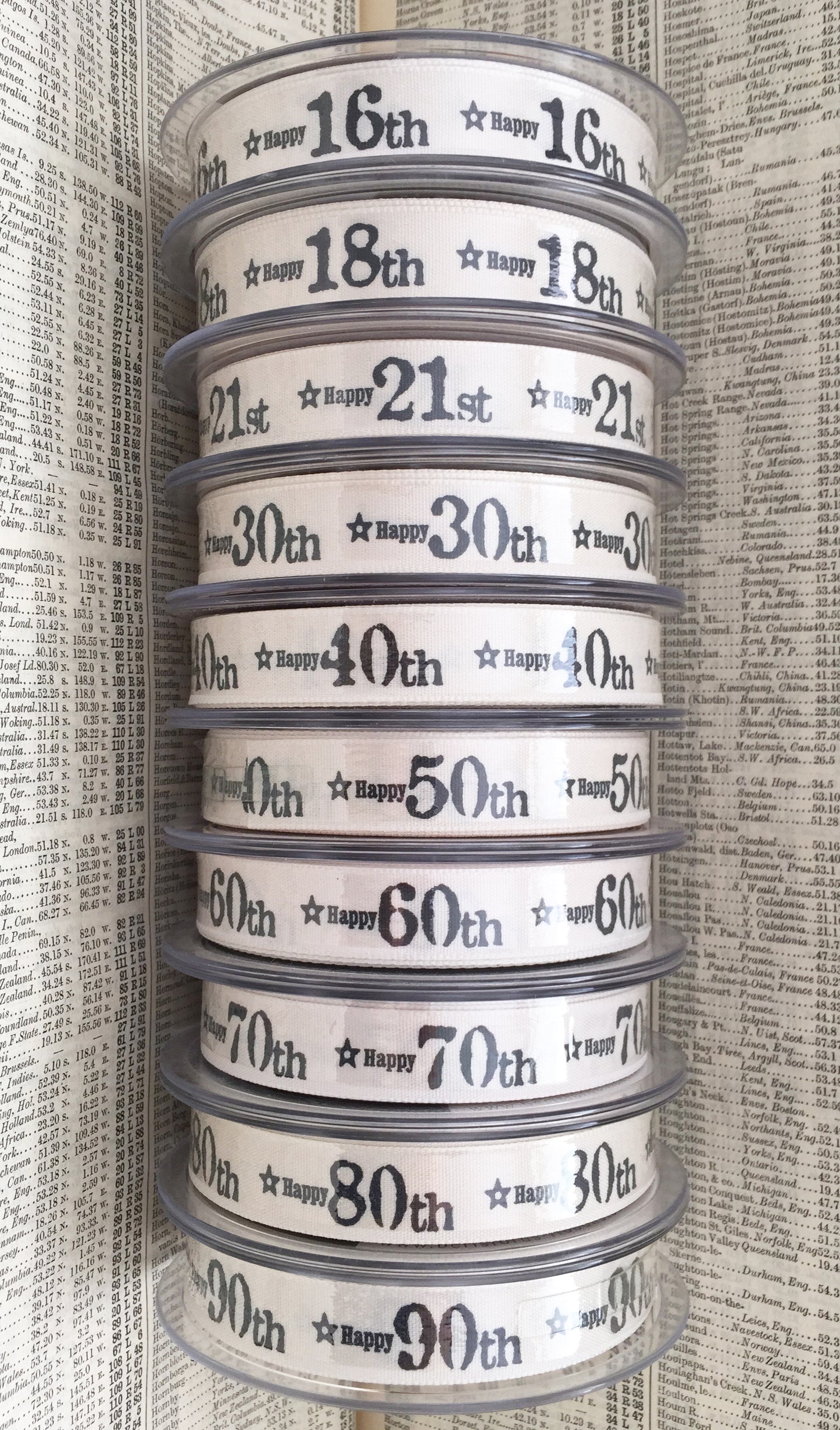 Birthday Ribbon | Age Anniversary Cream Grey 15mm 1m or Full Roll Wrapping Craft - SweetpeaStore