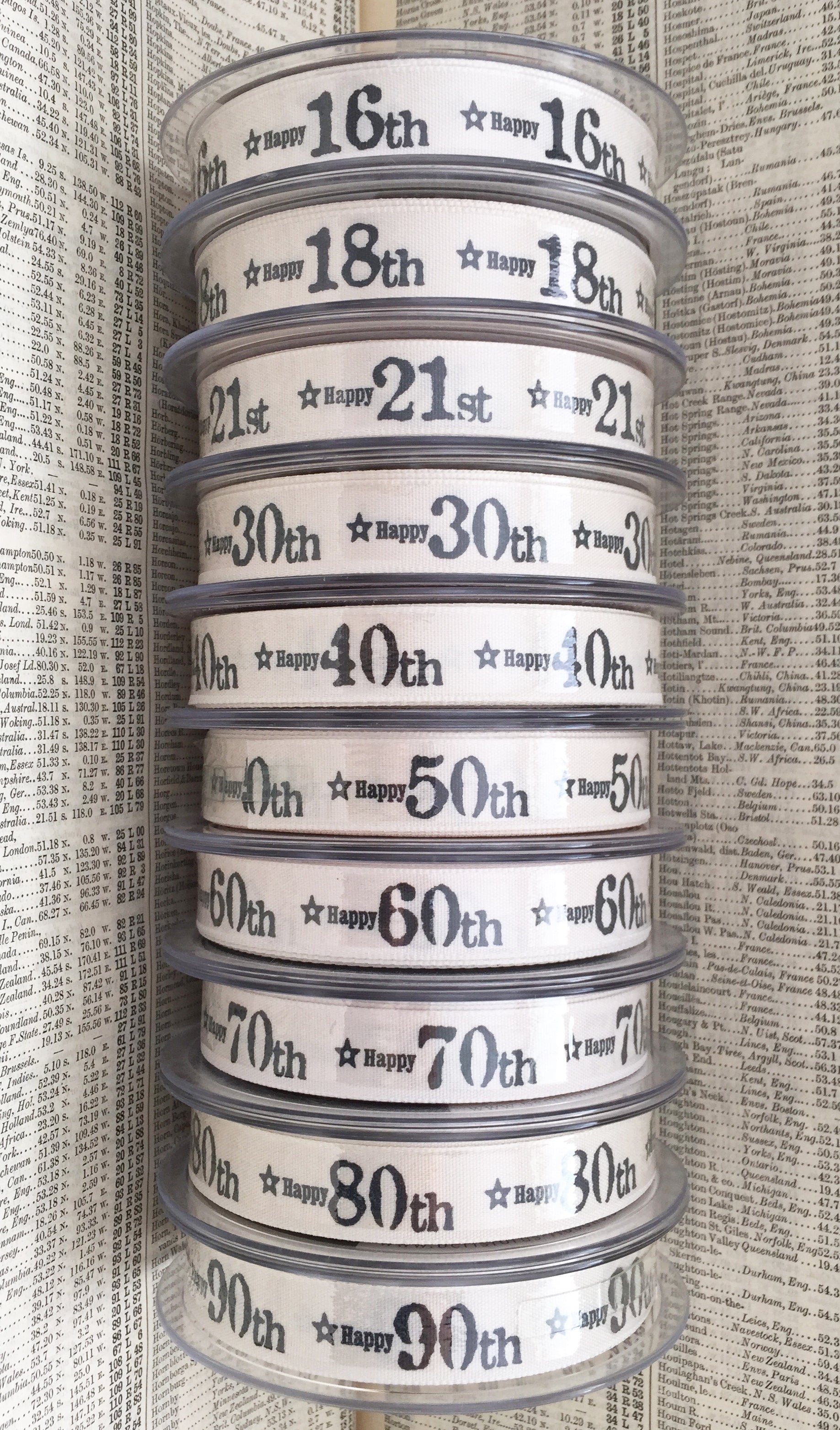 Birthday Ribbon | Age Anniversary Cream Grey 15mm 1m or Full Roll Wrapping Craft - SweetpeaStore