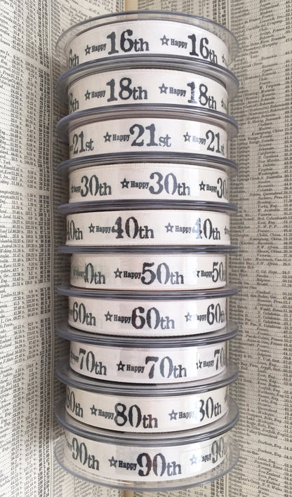 Birthday Ribbon | Age Anniversary Cream Grey 15mm 1m or Full Roll Wrapping Craft - SweetpeaStore