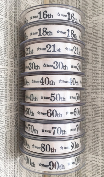 Birthday Ribbon | Age Anniversary Cream Grey 15mm 1m or Full Roll Wrapping Craft