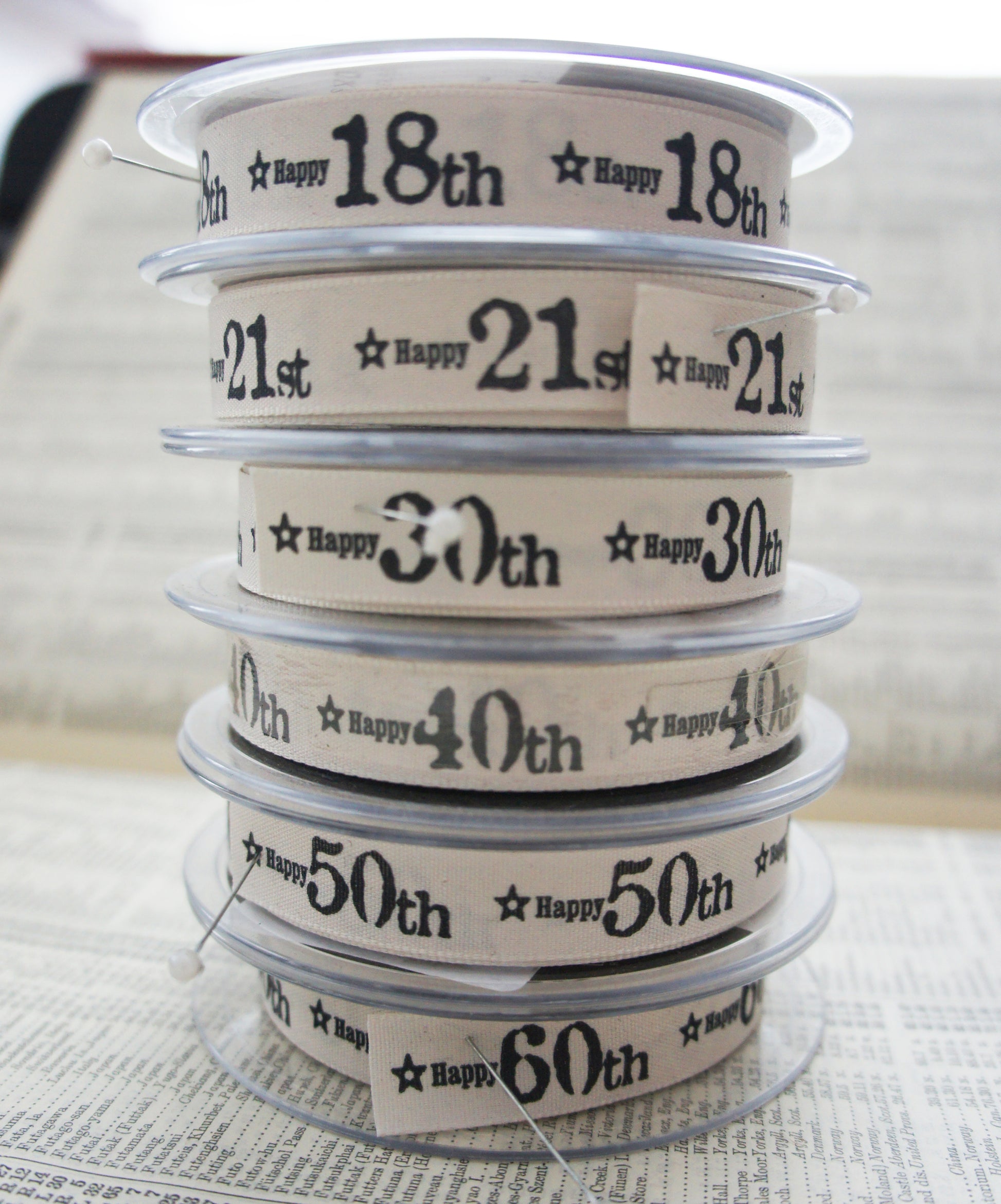 Birthday Ribbon | Age Anniversary Cream Grey 15mm 1m or Full Roll Wrapping Craft - SweetpeaStore