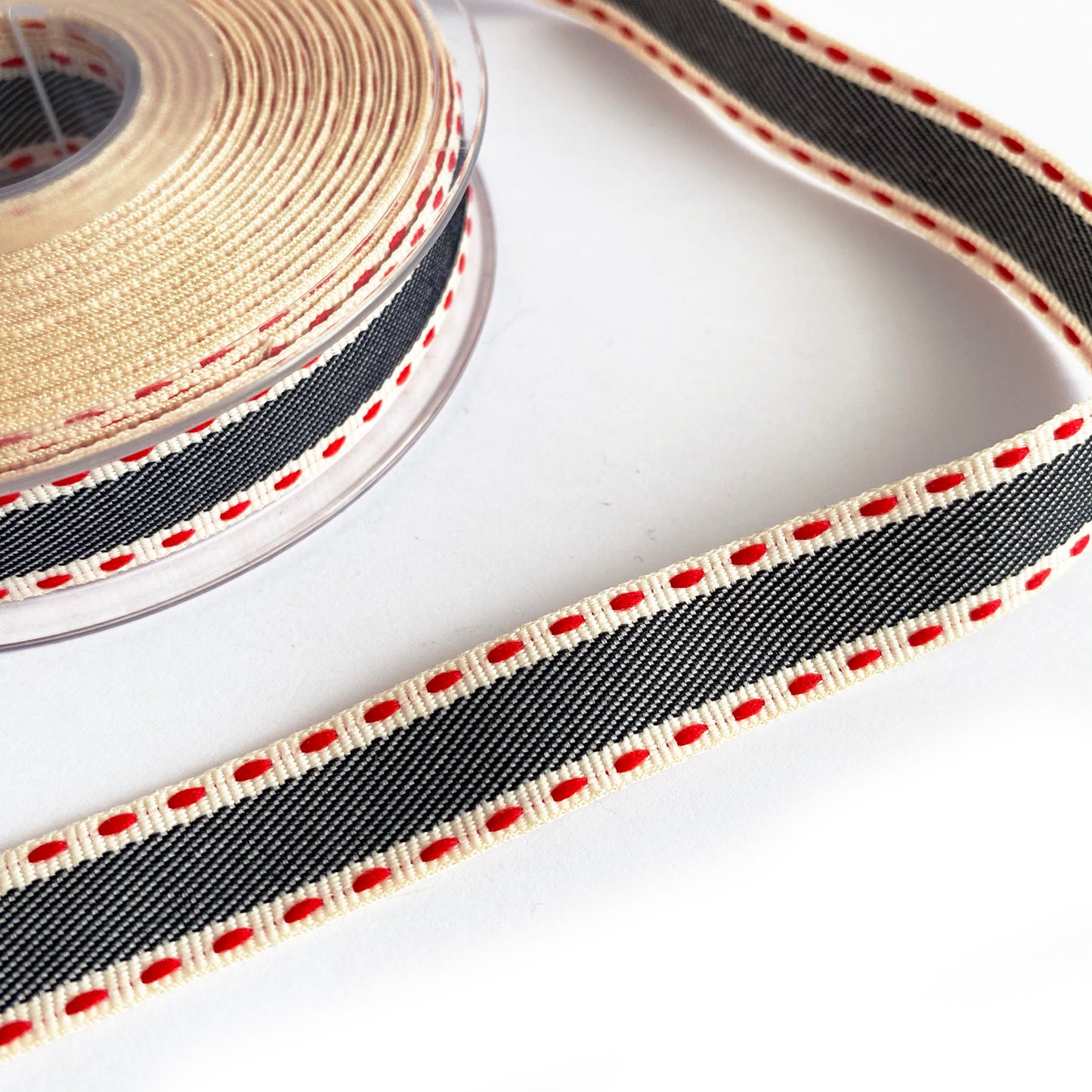 Vintage Stitch Stripe Ribbon 15mm | Red Grey Beige Blue Cream | Metre or Roll