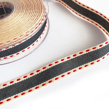 Vintage Stitch Stripe Ribbon 15mm | Red Grey Beige Blue Cream | Metre or Roll - SweetpeaStore