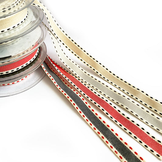 Vintage Stitch Stripe Ribbon 15mm | Red Grey Beige Blue Cream | Metre or Roll - SweetpeaStore