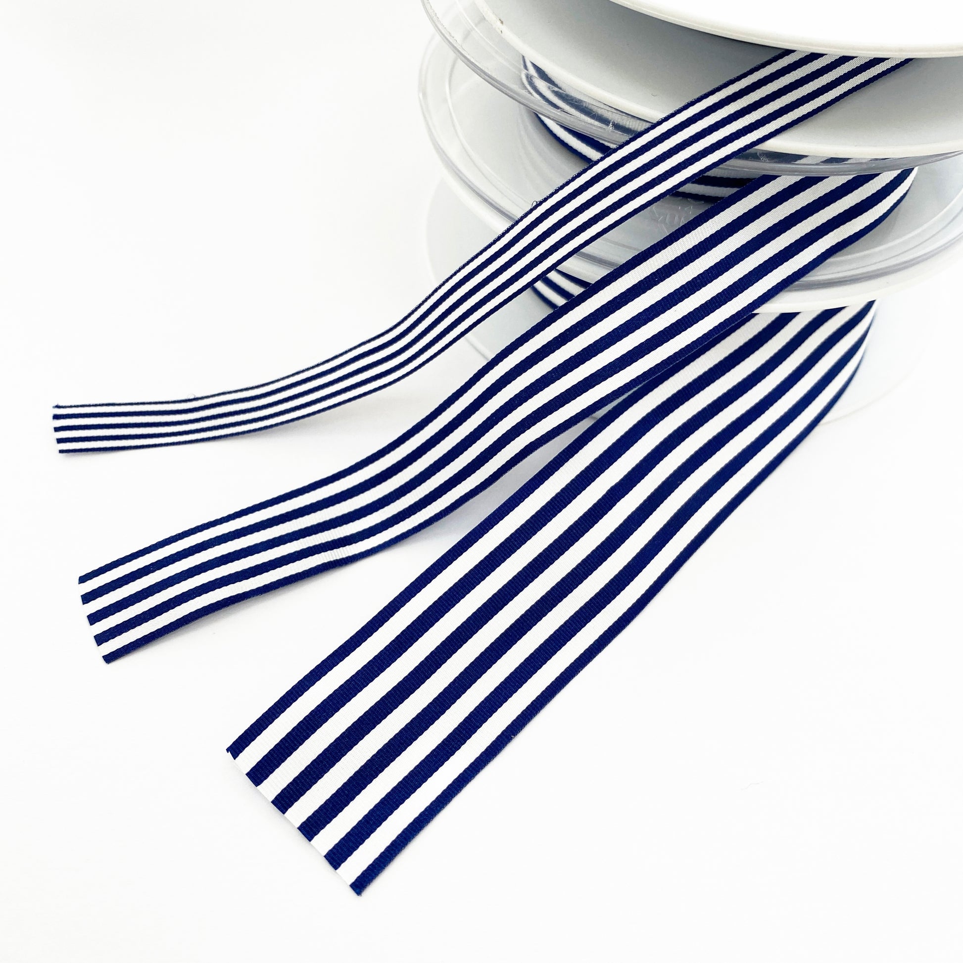 Navy Blue & White Stripe Ribbon 3 Widths 9mm 16mm 25mm Choose Length Full Roll - SweetpeaStore