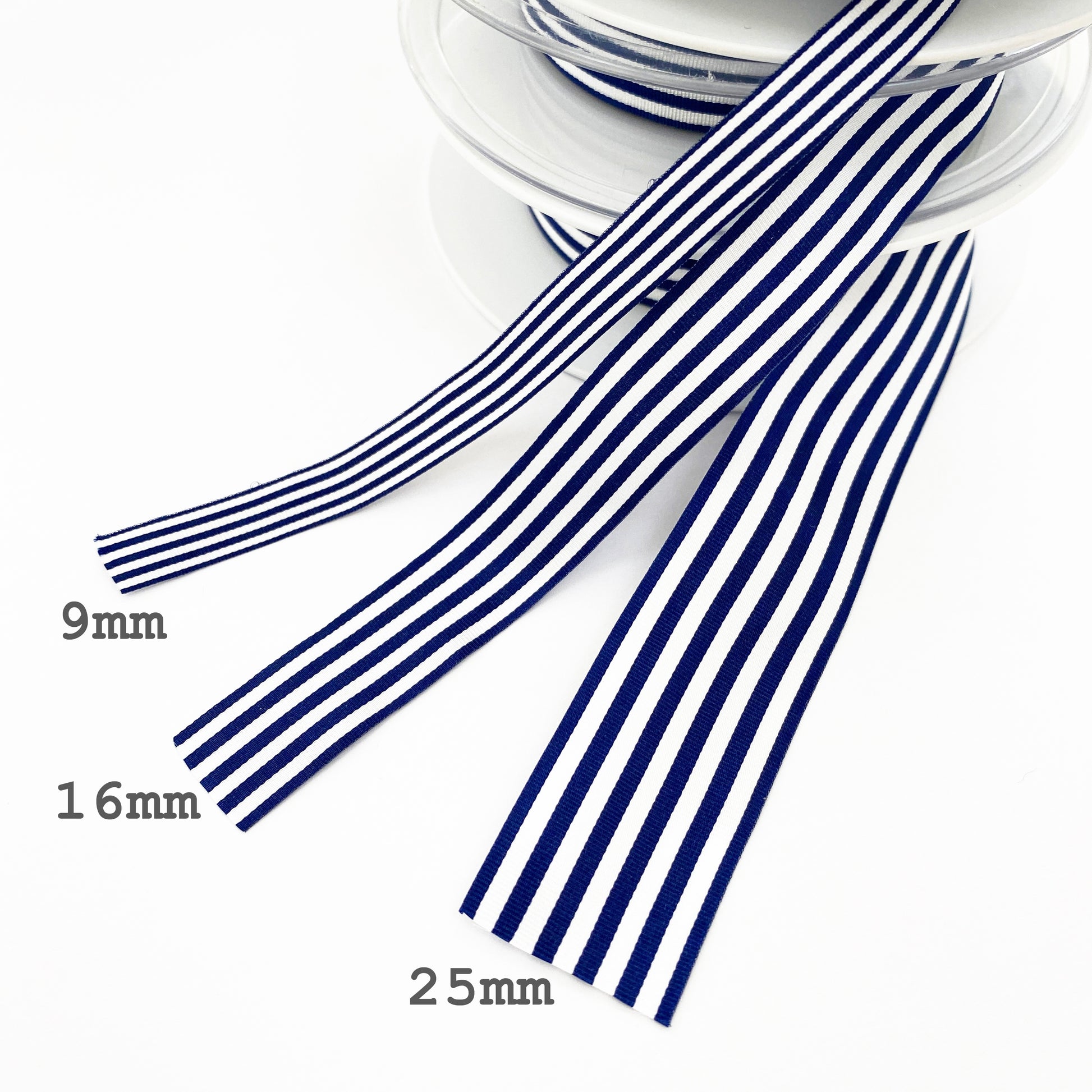 Navy Blue & White Stripe Ribbon 3 Widths 9mm 16mm 25mm Choose Length Full Roll - SweetpeaStore