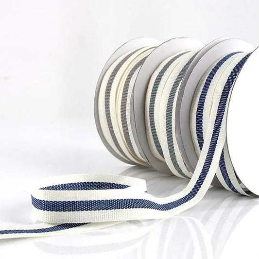 Vintage Cotton Ribbon |  15mm Centre Stripe Grey Sage Green Blue | 1m 25yd Roll - SweetpeaStore