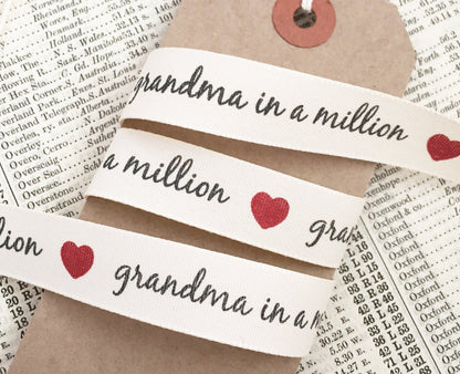 15mm Grandma in a Million Cream Ribbon | Great for Mother's Day Gifts | Metre or FULL 20m ROLL - SweetpeaStore