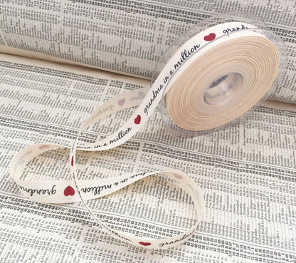 15mm Grandma in a Million Cream Ribbon | Great for Mother's Day Gifts | Metre or FULL 20m ROLL - SweetpeaStore