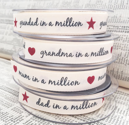 15mm Dad in a Million Cream Ribbon - Great for Father's Day Gifts - Per Metre or FULL 20m ROLL - SweetpeaStore