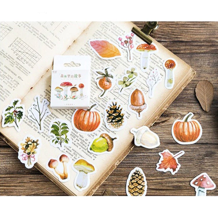 Autumn Forest Stickers | 46 Mini Box Scrapbooking Stickers | Journalling Albums Stationery | Leaves Mushrooms Leaves Acorn Fir Cone - SweetpeaStore