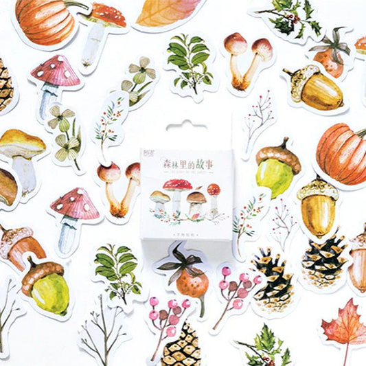 Autumn Forest Stickers | 46 Mini Box Scrapbooking Stickers | Journalling Albums Stationery | Leaves Mushrooms Leaves Acorn Fir Cone