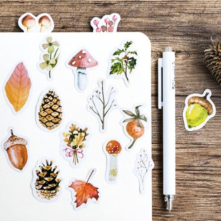 Autumn Forest Stickers | 46 Mini Box Scrapbooking Stickers | Journalling Albums Stationery | Leaves Mushrooms Leaves Acorn Fir Cone - SweetpeaStore