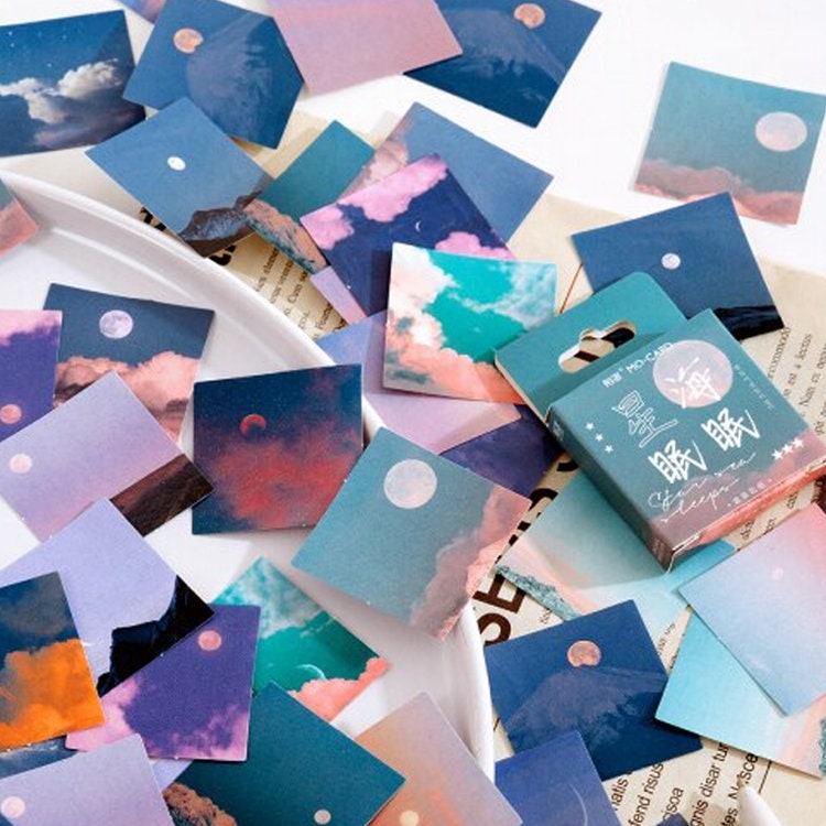 Cloud & Moon Sky Photo Stickers | Pink Blue Purple Journalling Collage Planner Scrapbook | 46 Peel Off Mini Box Sticker - SweetpeaStore