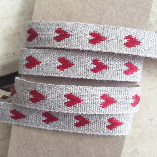 Linen Woven Heart Ribbon 10mm Rustic Red & Natural Cream | Craft Sewing Wedding Valentine's Wrapping | Per Metre or Full 25m Roll - SweetpeaStore