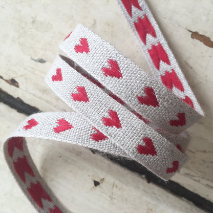 Linen Woven Heart Ribbon 10mm Rustic Red & Natural Cream | Craft Sewing Wedding Wrapping | Per Metre or Full 25m Roll - SweetpeaStore