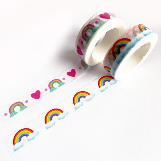 Rainbow Washi Tape Heart & Cloud White Paper Tape | 15mm x 10m | Stationery Craft Journalling Scrapbooking Wrapping