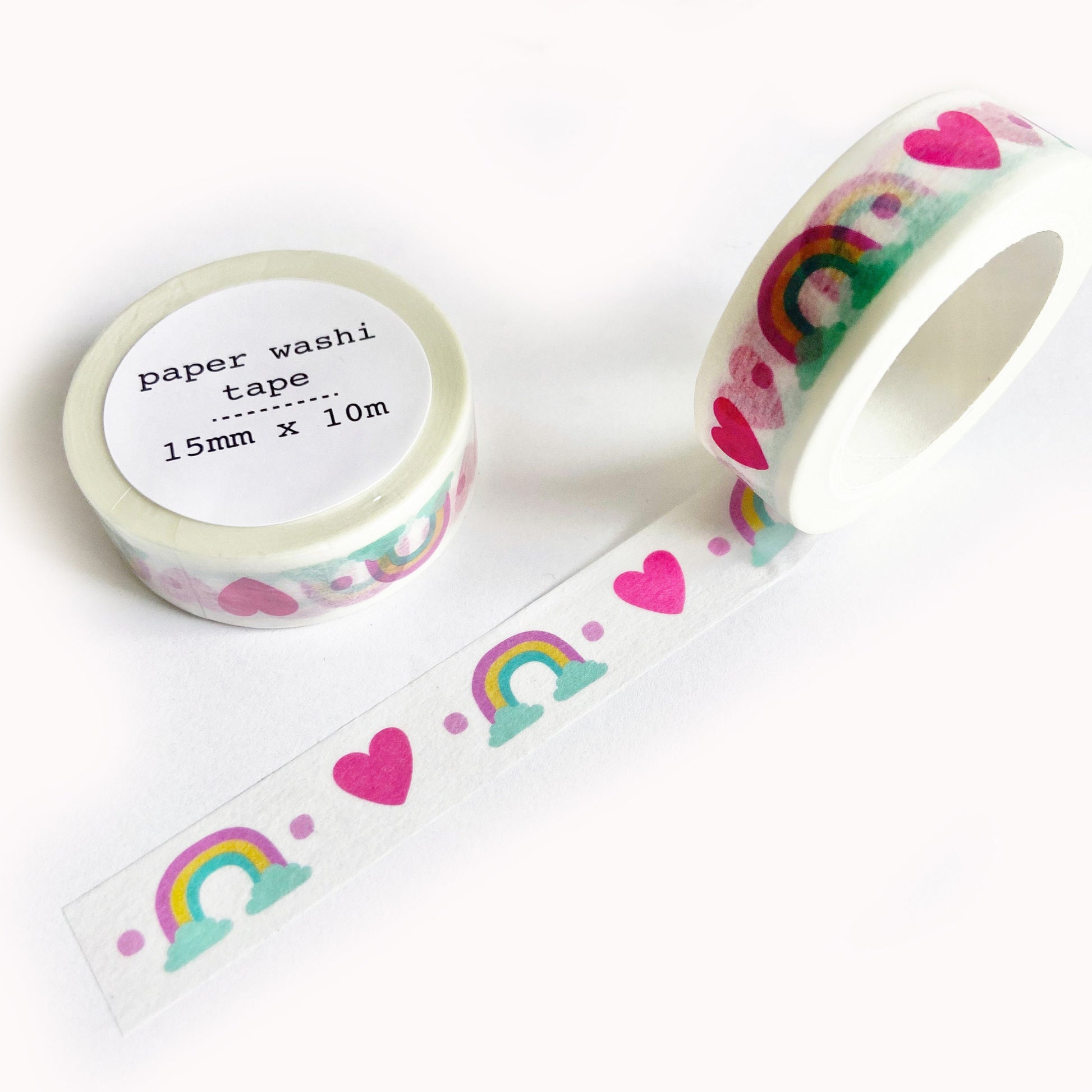 Rainbow Washi Tape Heart & Cloud White Paper Tape | 15mm x 10m | Stationery Craft Journalling Scrapbooking Wrapping - SweetpeaStore