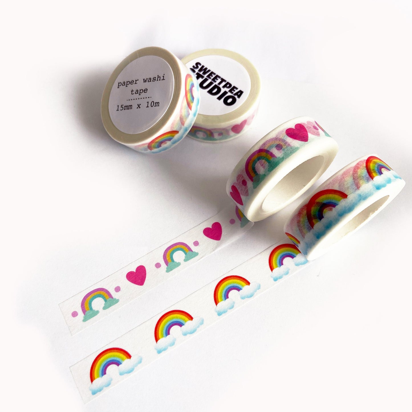 Rainbow Washi Tape Heart & Cloud White Paper Tape | 15mm x 10m | Stationery Craft Journalling Scrapbooking Wrapping - SweetpeaStore