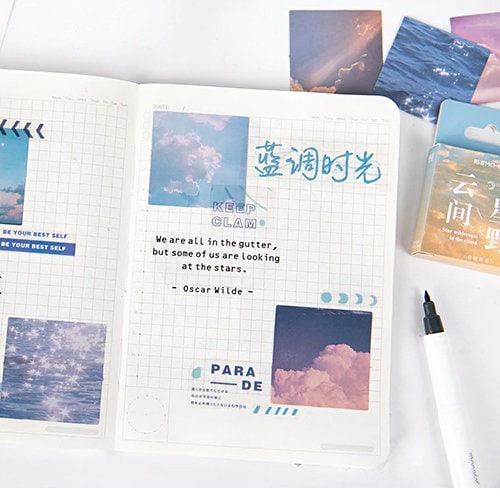 Moon Cloud & Sea Photo Stickers Mini Box Collage | Set of 46 Summer Holiday Travel Journal Planner Scrapbook Peel Off Mini Box Sticker - SweetpeaStore