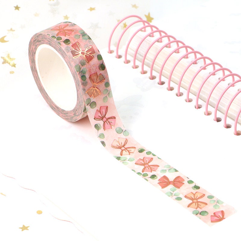 Rose Gold Foil Pink Bow & Eucalyptus Leaf Washi Tape | 15mm x 10m | Planners Collage Scrapbook Journal - SweetpeaStore